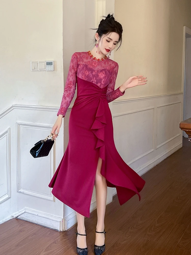 

Sexy High Slit Evening Dr Lace Splice Asymmetrical round Ne Bodycon Dr for Daily Wear High Waist Long Sve Gown