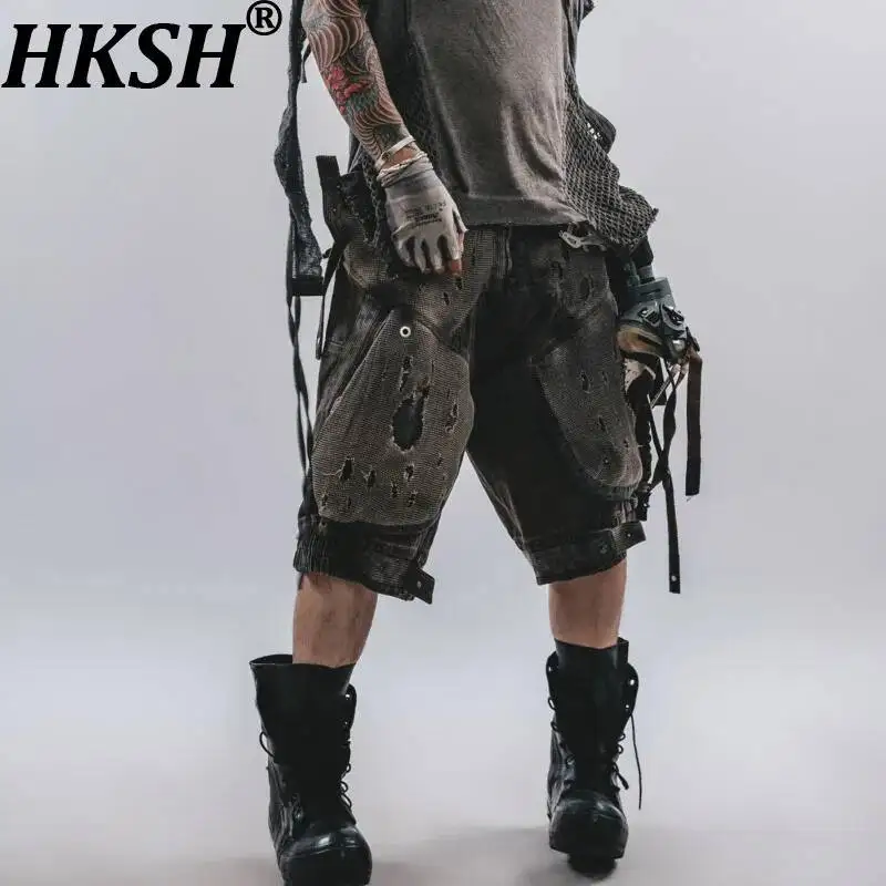 

HKSH Summer New Men Tide Chic Ins Ripped Deconstructed Design Mesh Capris Patchwork Waste Land Techwear Y2K Crotch Pants HK24574