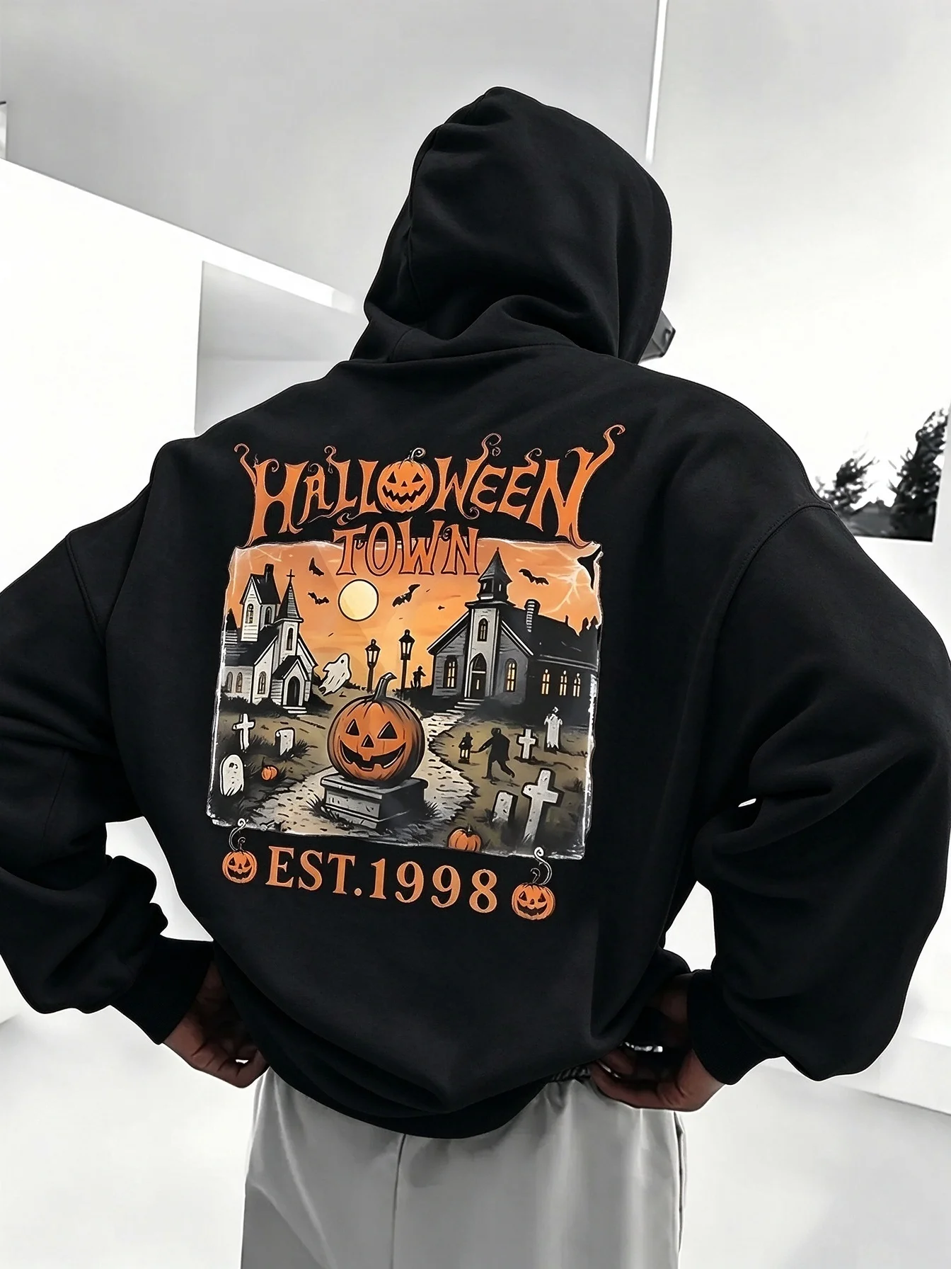 Moletom com capuz de lã estampado Halloween Town, masculino, quente, para inverno, roupa esportiva, moletom casual folgado para treino, pulôver.
