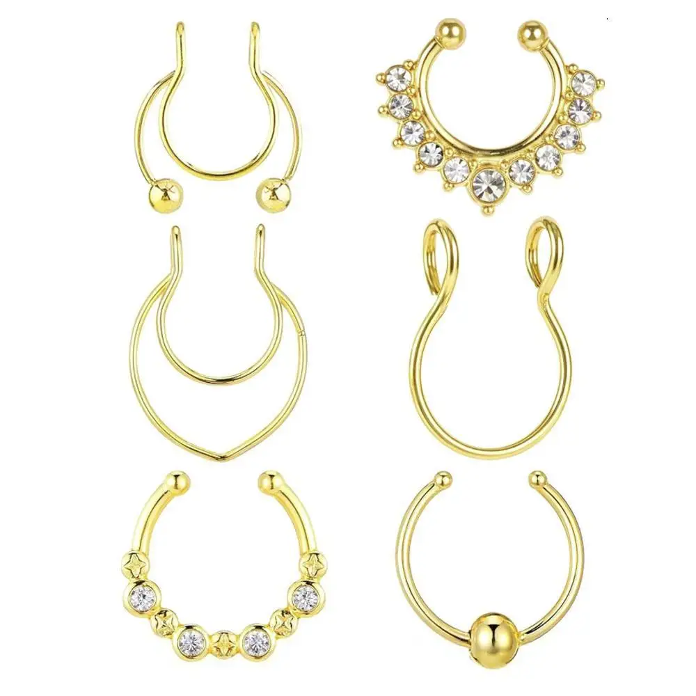 1/6Pcs Set Fake Piercings Fake Nose Ring Septum Ring Fake Nose Piercings Clip On Septum Nose Faux Piercing Women Non Piercing