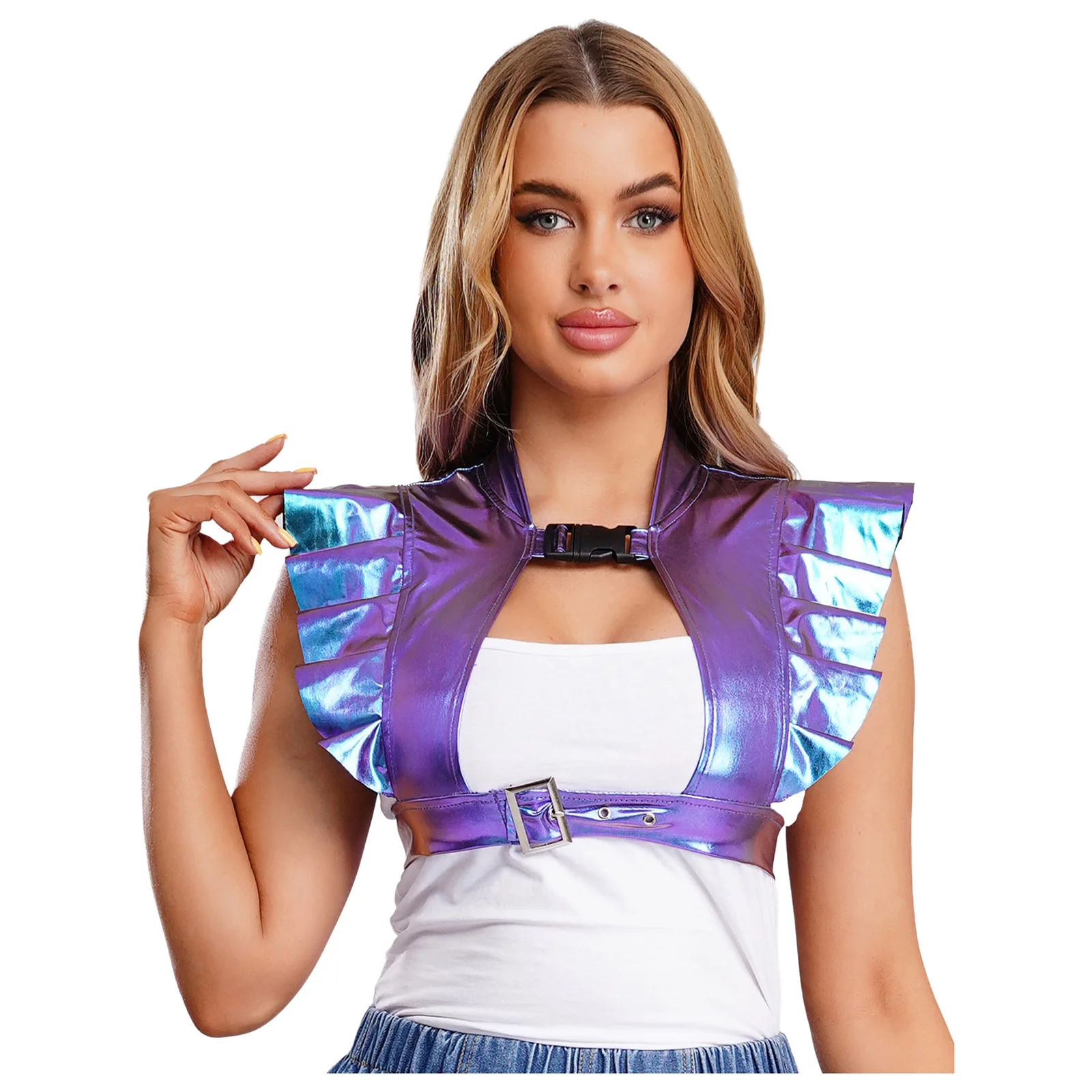 Women Metallic Shiny Shoulder Armor Crop Tank Top Ruffled Trim Cutout Adjustable Vest Shrugs Raves Party Nightclub Costume