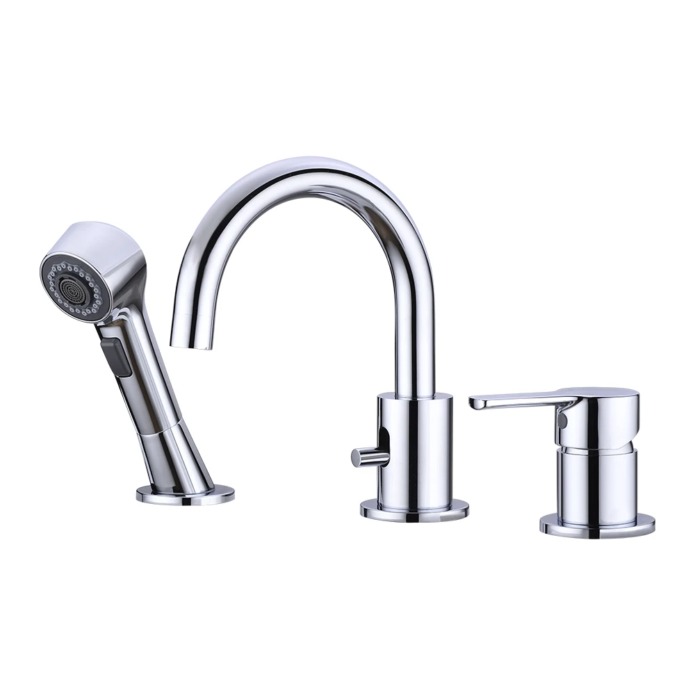 

Deck Mounted Dual Handle Pull Out Bathroom Basin Faucet 3 Hole Bathroom Faucet With Shower