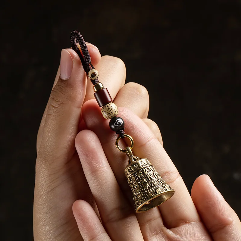 1pc Vintage Brass Tibetan Buddhism Six-word Mantra Bell Keychains Lanyard Pendants Handmade Rope Car Key Chain Rings Hanging