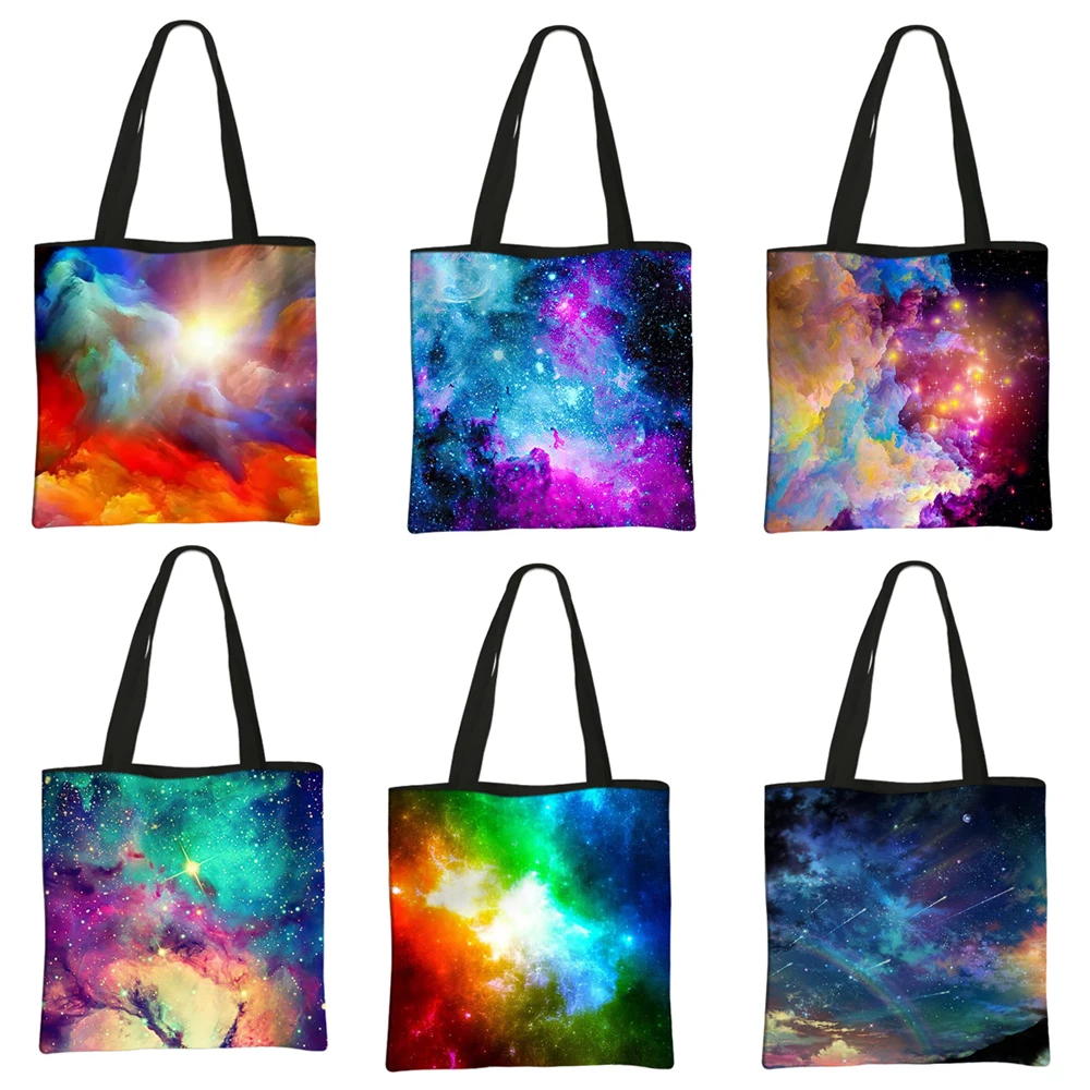 

Psychedelic Space Nebula Print Tote Bags Colorful Galaxy Women Handbag Causal Totes Beach Shoulder Bags Reusable Shopper Bag