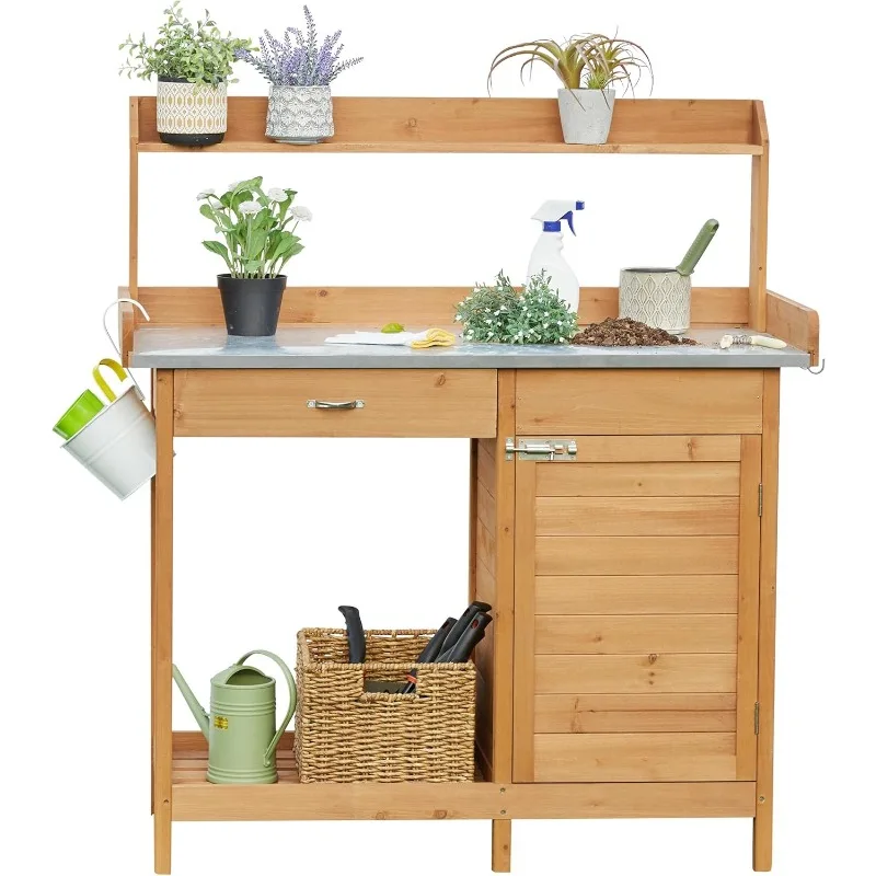 Outdoor Garden Potting Bench Table Work Bench Metal Tabletop W/Cabinet Drawer Open Shelf Natural Wood