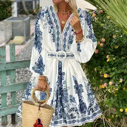 Spring Women Dresses Print Lantern Sleeve V Neck Dress Patchwork Ruffles Belt Loose Pullover Boho Vestidos Slight Strech 2024