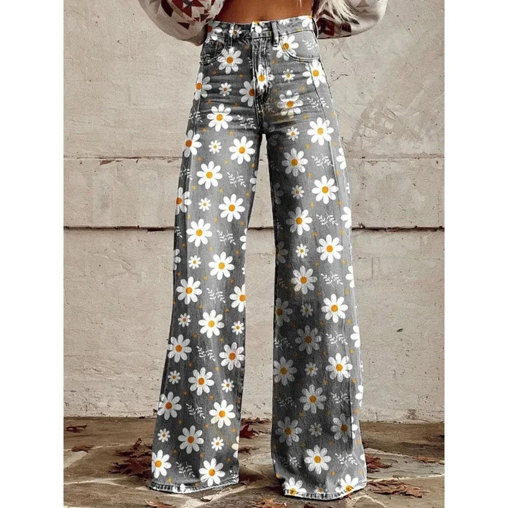 Damen Blaue Orientalische Pflaumenblüten-Druck Hose mit Hoher Taille und Weitem Bein Vintage Blumenmuster Y2K Ästhetik Lose Hose Retro Streetwear – Detail 19