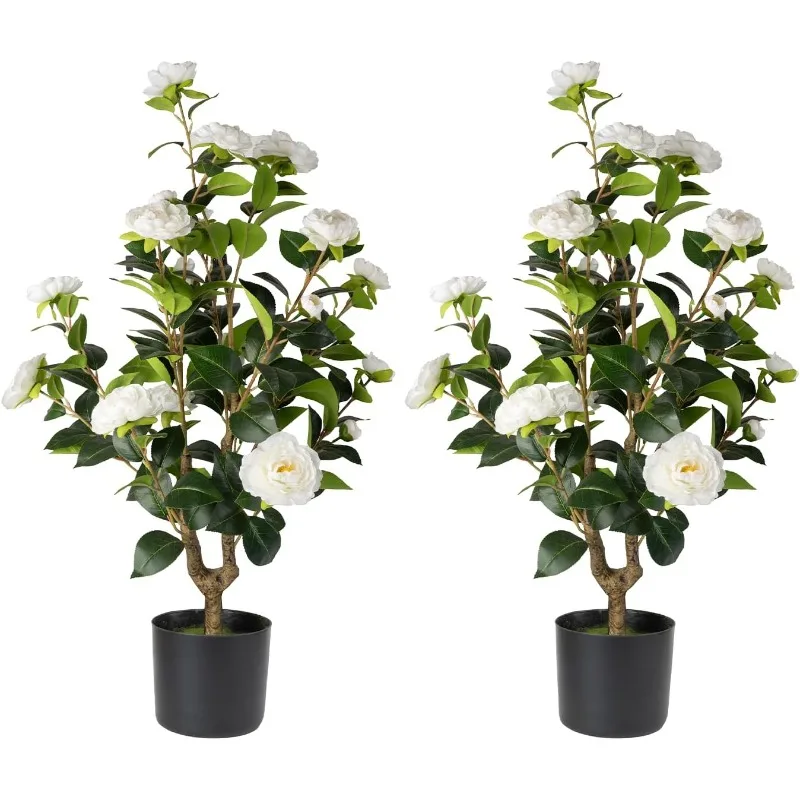 

Artificial Camellia Tree 2 Pack - Realistic Camellia Plants in Pot with White Flowers, Lifelike Faux Greenery for Living Room, P