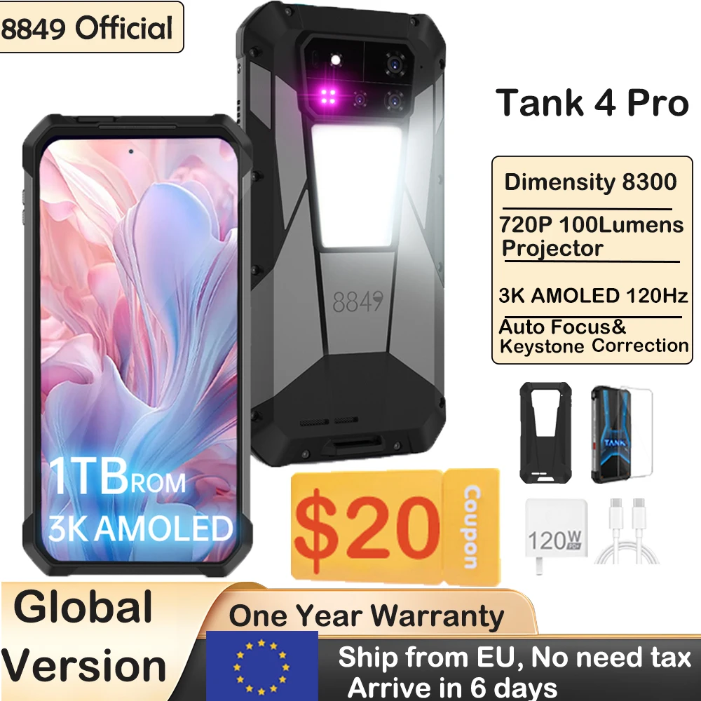 

8849 Tank 4 Pro Unihertz 5G Rugged Projector Smartphone 1TB 36G Android 14 Sports Phone 11600mAh Dimensity 8300 AMOLED 120HZ