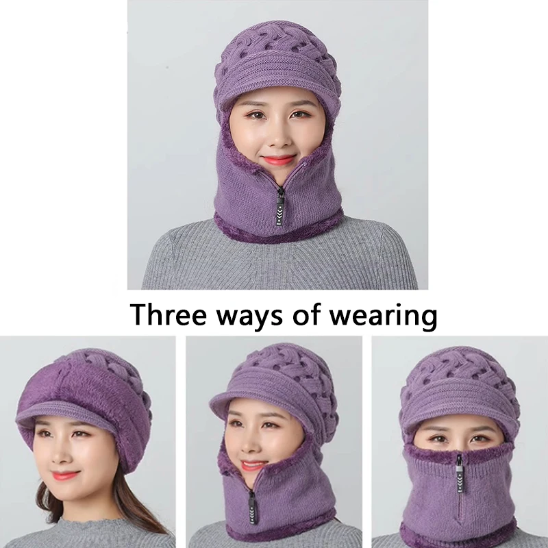 Frauen Gestrickte Schal Maske Hut Set Winter Warme Beanie Hut Elastische Weiche Gestrickte Gehörschutz Winddicht Schnee Ski Cap Einteilige hut – Detail 3