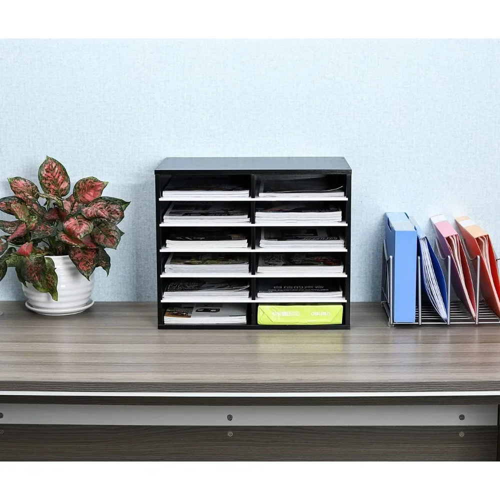12-Compartment Wooden Paper Organizer with Adjustable Shelves, 6000 Sheets Capacity, Mail Sorter for Office/Classroom, Black/White - view 5