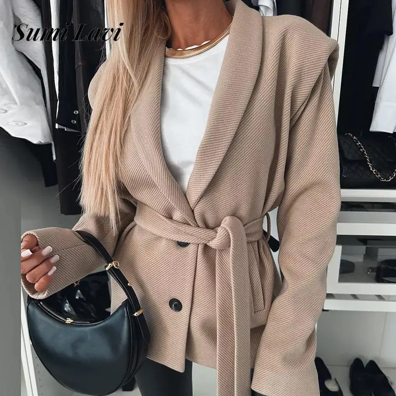 

Women Elegant Button Pocket Solid Outerwears Autumn Winter Casual Long Sleeves Jackets Fashion Lapel Collar Lace-up Short Coats