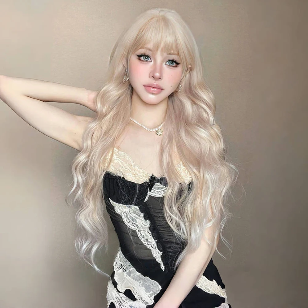 GEMMA Ash Blonde Long Wavy Wig Synthetic Light Blonde Cosplay Wigs with Bangs for Women Heat Resistant Halloween Natural Hair