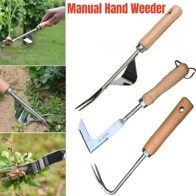 Stainless Steel Wood Handle Garden Weeder Hand Weeding Removal Cutter Puller Tools Multifunction Weeder Transplant Garden Tools 