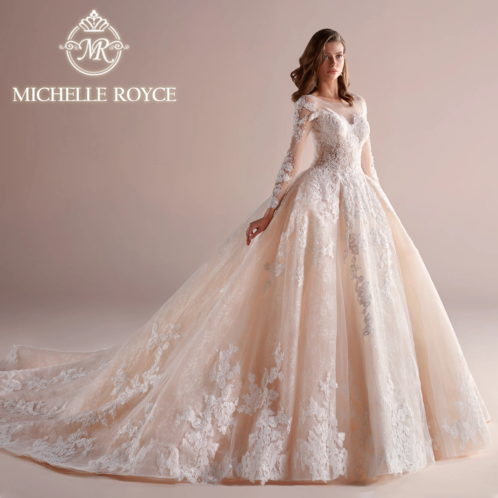 Michelle Royce Long Sleeve Ball Gown Wedding Dress 2024 Invisible Neckline Appliques Champagne Wedding Gown Vestidos De Novia