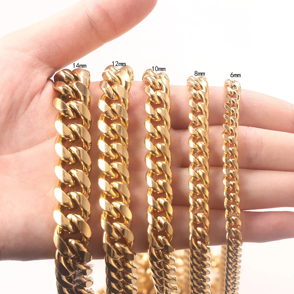 6mm-14mm gold chain hip-hop stainless steel jewelry gold necklace Cuban chain polished ice buckle necklace