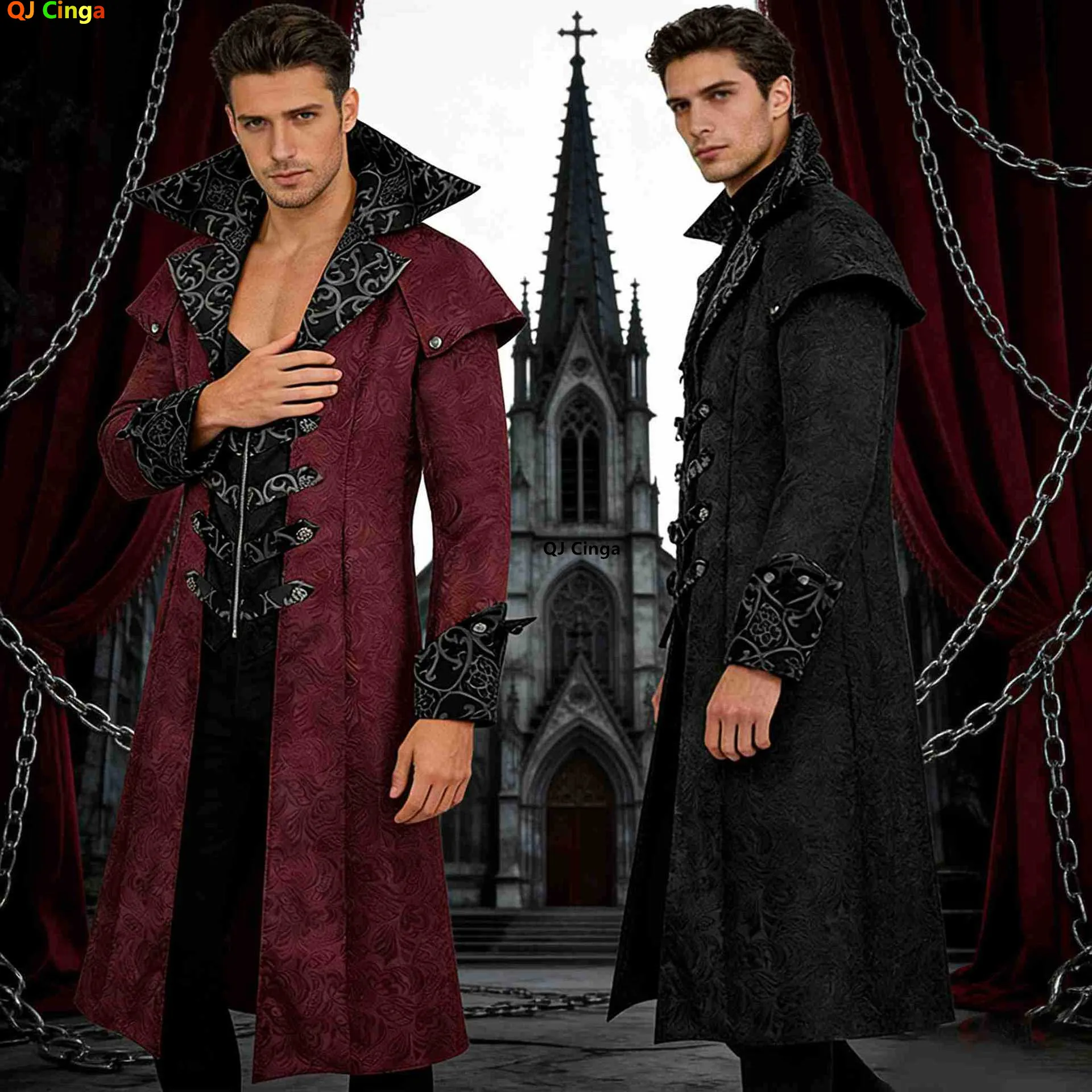 

Medieval-inspired Men's Vintage Trench Coat, Halloween Gothic Long Jacket, Available in Red and Black. New 2026