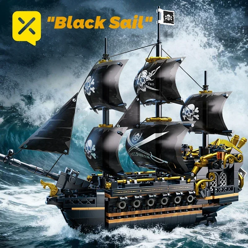 

Black Sailboat Pirate Ship Building Blocks Sailboat Assembly Model Bricks City Transportation Series Creative Desktop Decoration Children's Toys Boys' Children's Day Gift