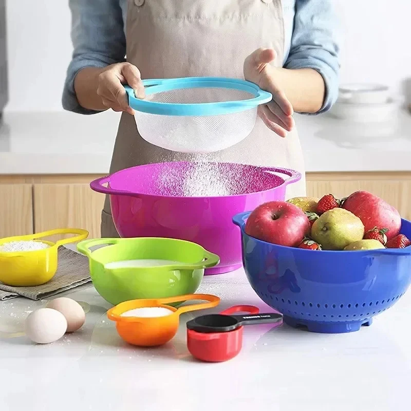 TJ POP Plastic Home Kitchen Cooking Baking Measuring Tools Set 10 Pcs Rainbow Mixing Bowl Plastic Measuring Cups and Spoon Sets