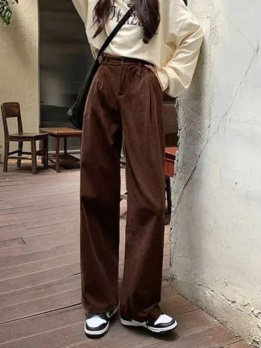 Imagen 1 del producto Pantalones de pana a la moda para mujer, pantalones Retro holgados de cintura alta para café, ropa de calle de pierna ancha negra Vintage para otoño e invierno, novedad de 2024