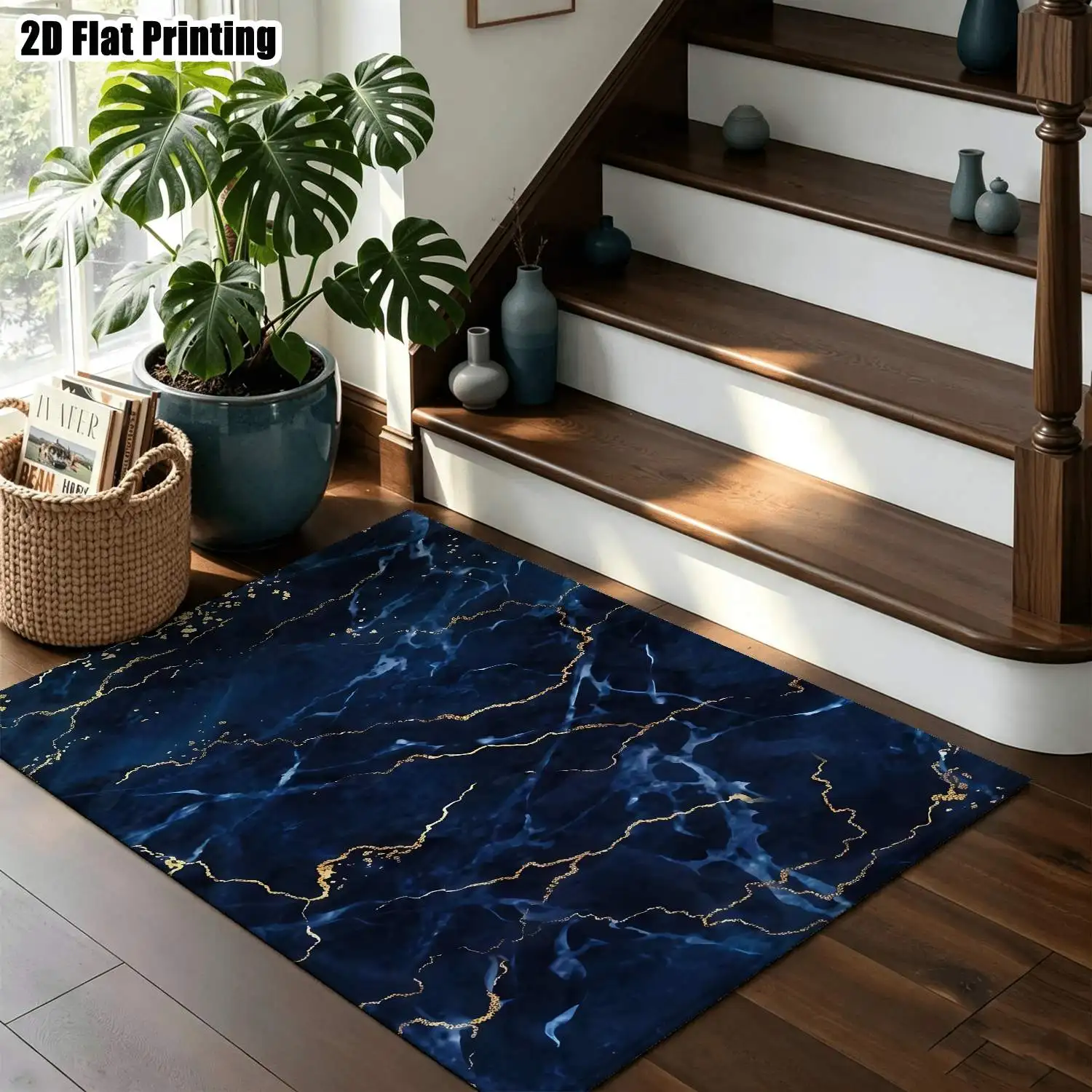 1Pc 2D Printed Dark Blue Gold Abstract Art Nordic/Instagram Style Modern Minimalist Geometric Striped Carpet, Machine Washable, Multi-Size, Suitable for Entrance, Dining Room, Foyer, Bedroom, Living Room Home Decor Floor Mat