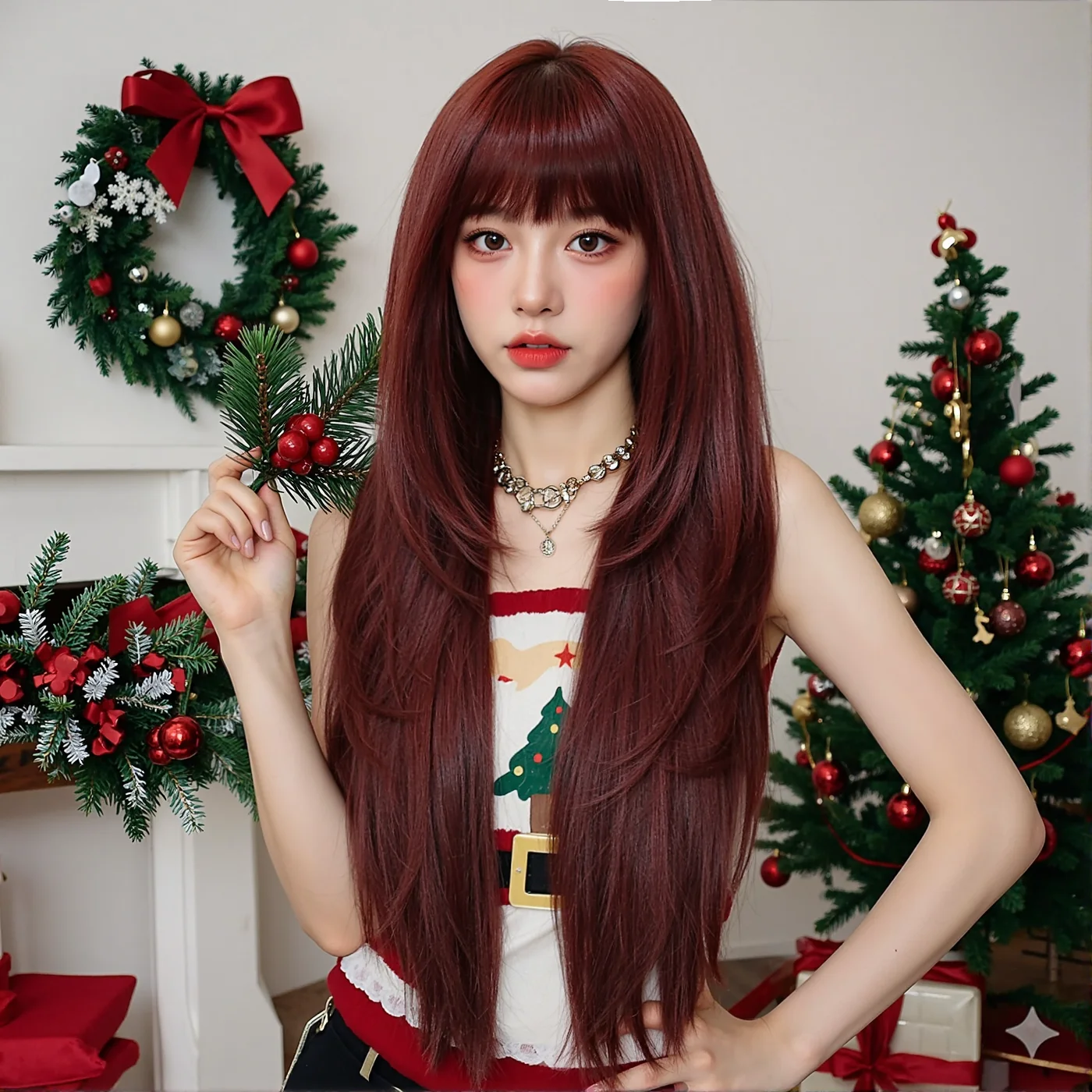 عيد الميلاد بورجوندي النبيذ الأحمر بيروكات صناعية طويلة مستقيمة الطبقات شعر مستعار مع الانفجارات للنساء البيض تأثيري الشعر مقاومة للحرارة