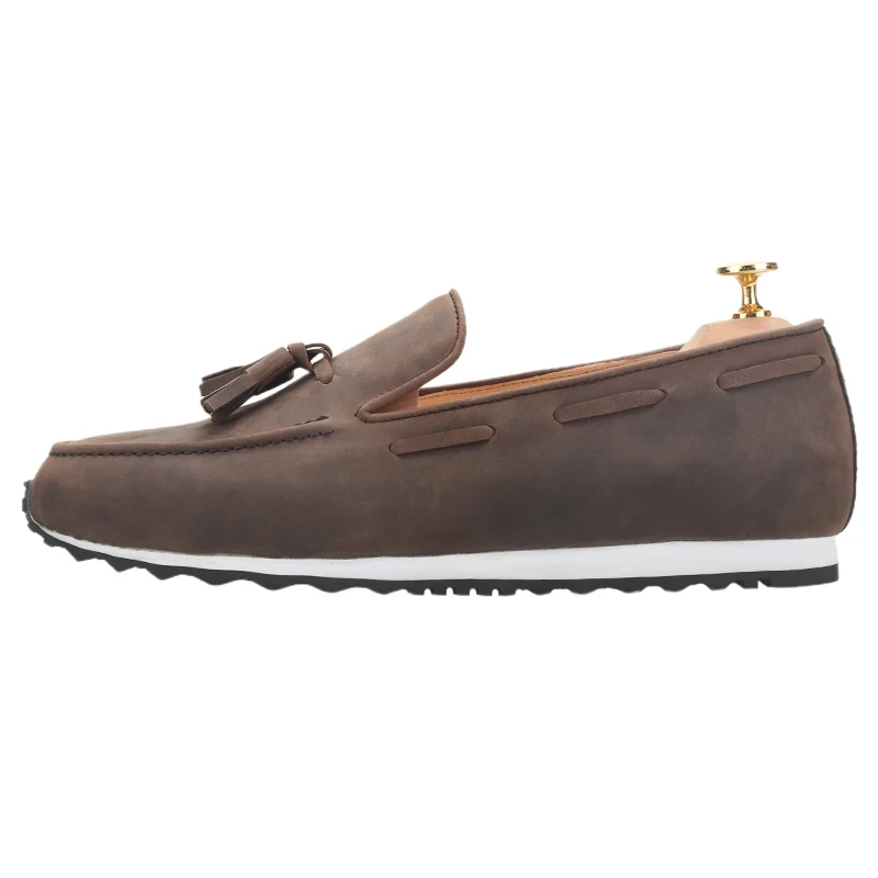 Piergitar Imported From Italy Crazy Horse Leather Men's Pop Shoes Handmade Tassels Slip-On Chunky Sneakers Non-Slip Rubber Sole