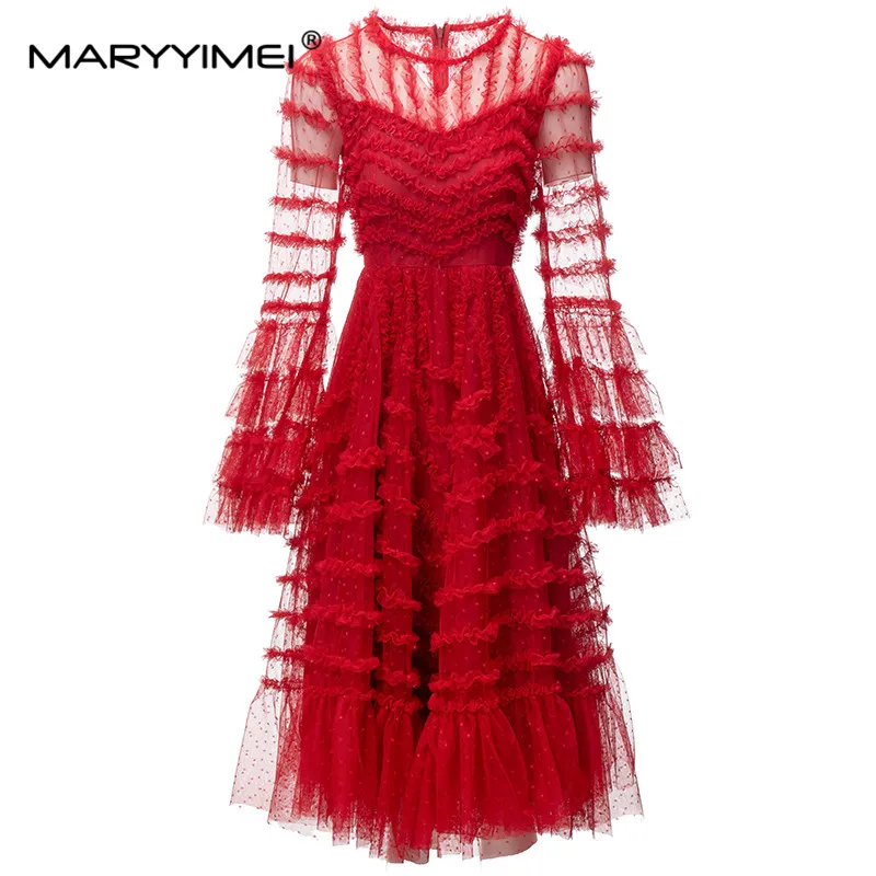 

MARYYIMEI New Fashion Runway Designer Women's Round Neck Flared Long-Sleeved Sexy Wooden Ear Embellished Fold Dress