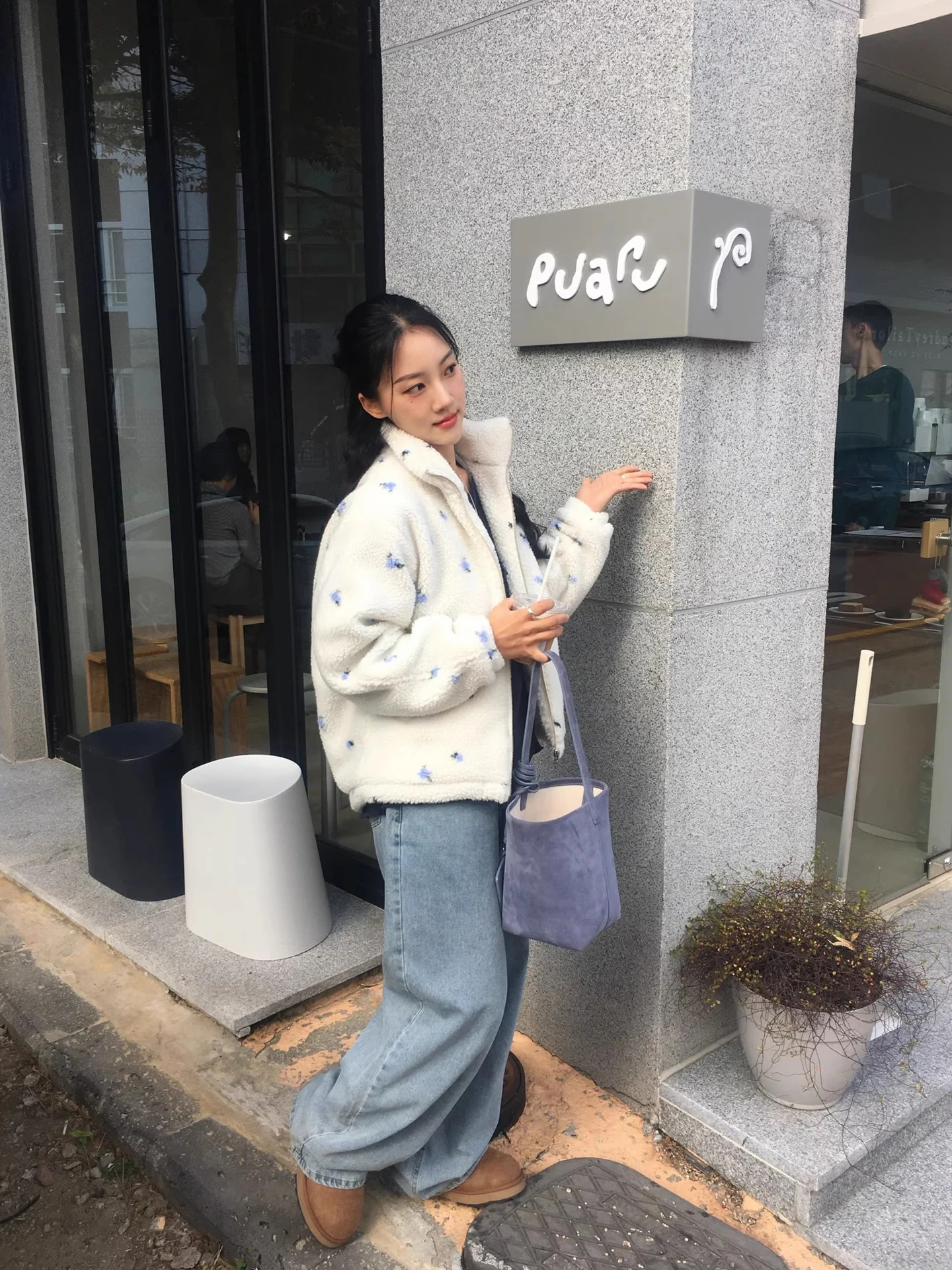 الرجعية Fre الوقوف طوق اللون بلو الأزهار فرو الضأن ort Jaet المرأة شتاء جديد سستة تنوعا القطن معطف تخفيف Sle