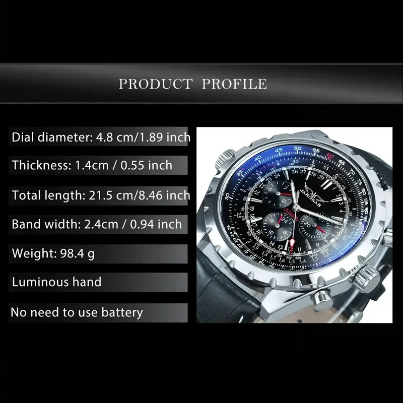 Brand Men's Luxury Aviator Watch - Automatic Mechanical Movement, 24-Hour Display, Date and Weekly Characteristics, Stainless Steel Case, Black Artificial Leather Strap - Perfect Choice for Business or Casual Wear