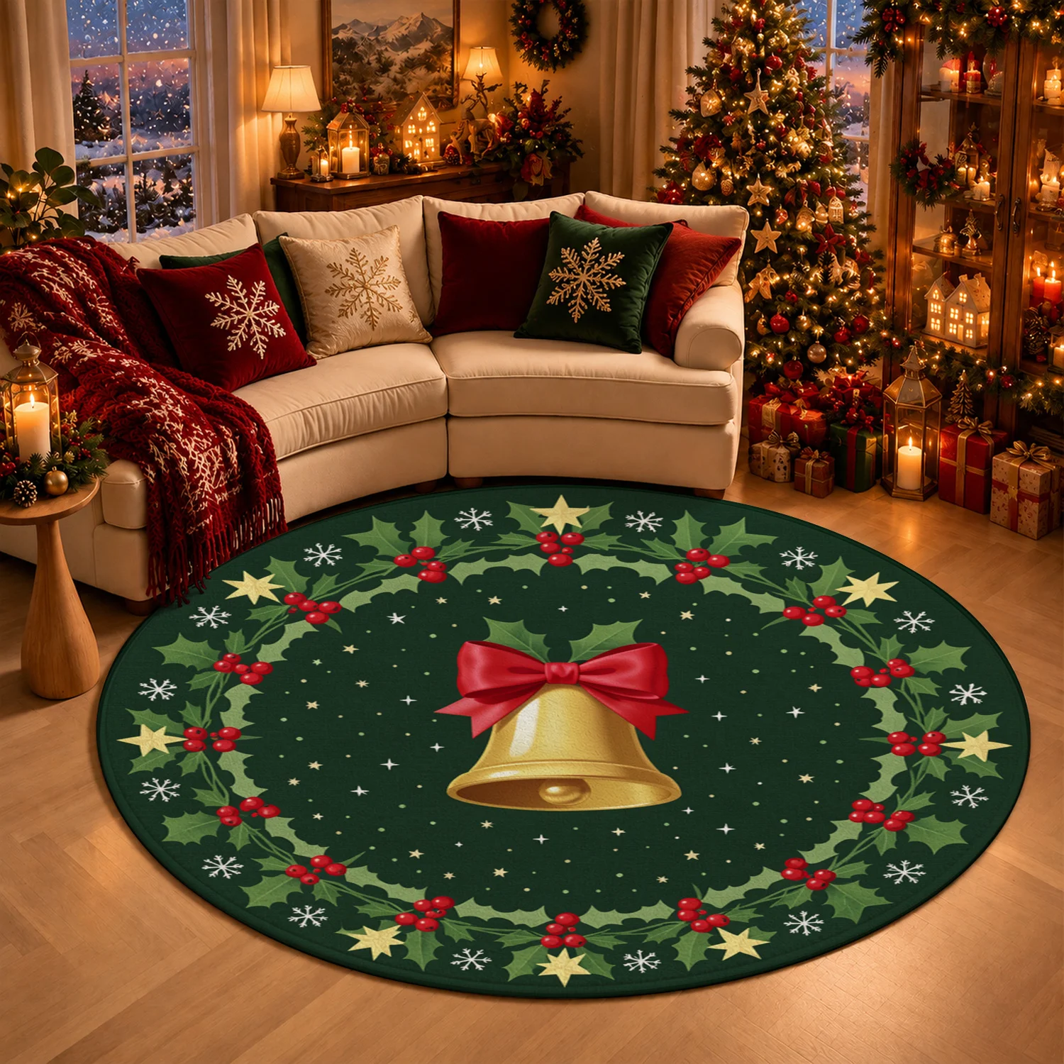 Christmas Bell Holly Wreath Snowflake Star Design Round Velvet Decorative Mat Machine Washable Dining Table Living Room Entryway Halloween Thanksgiving Black Friday Cyber Monday Christmas New Year