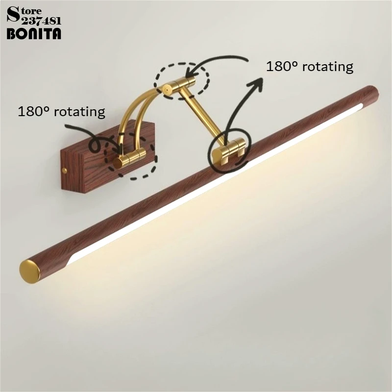 New Chinese Style Cabinet Mirror Light with Walnut Wood Grain, Bathroom Cabinet LMirror Front Lamp Rotatable Bedroom Wall Lamp