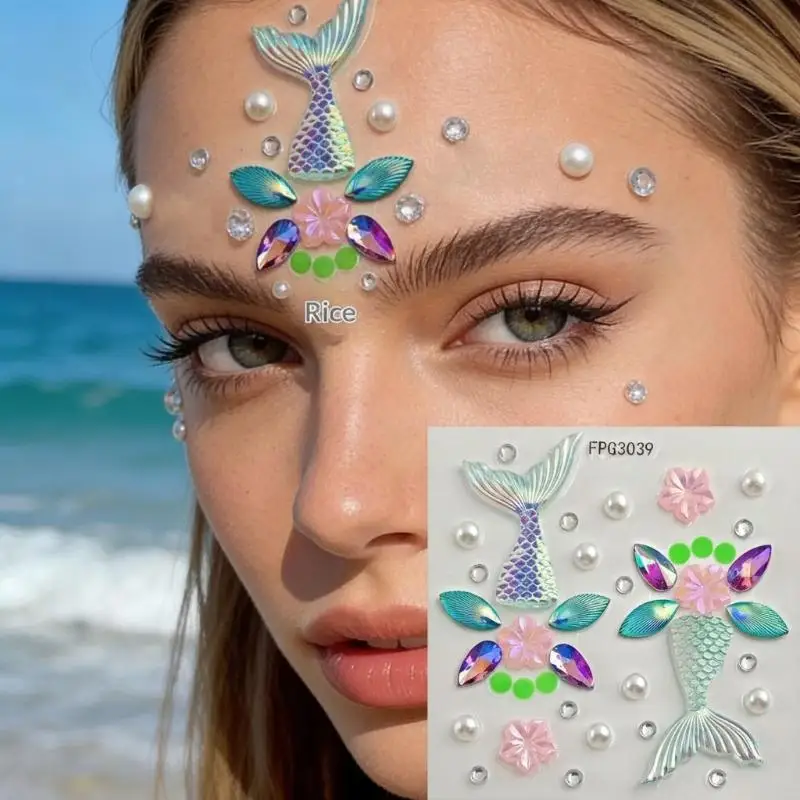 Face Jewel Stickers Shiny Rhinestone Self Adhesive Sweatproof for Summer Festival Pool Party Body Makeup