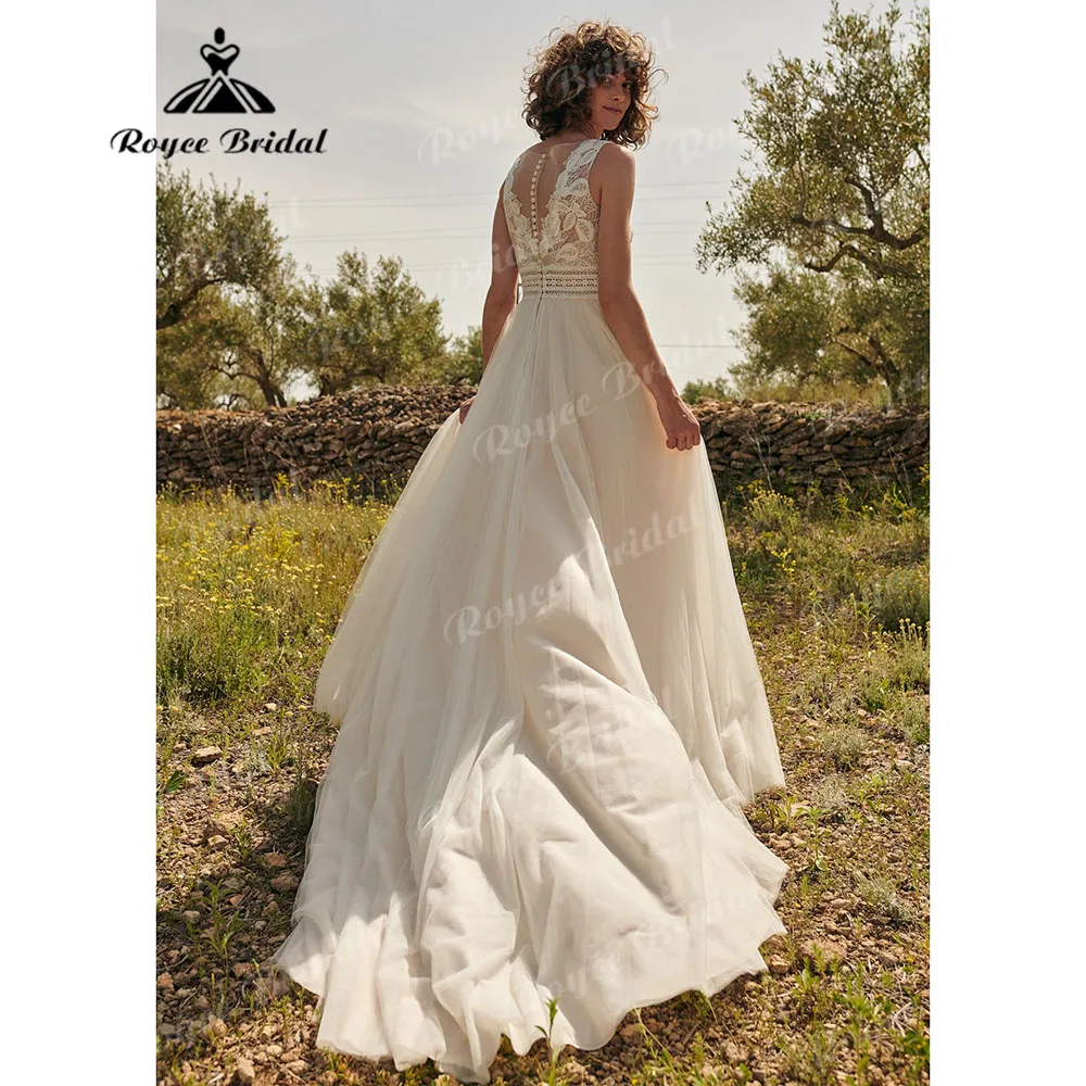 Abito da sposa rustico in pizzo floreale senza maniche A Line per la sposa 2024 abito da sposa per donna Custom Made vestido de noiva boho chique