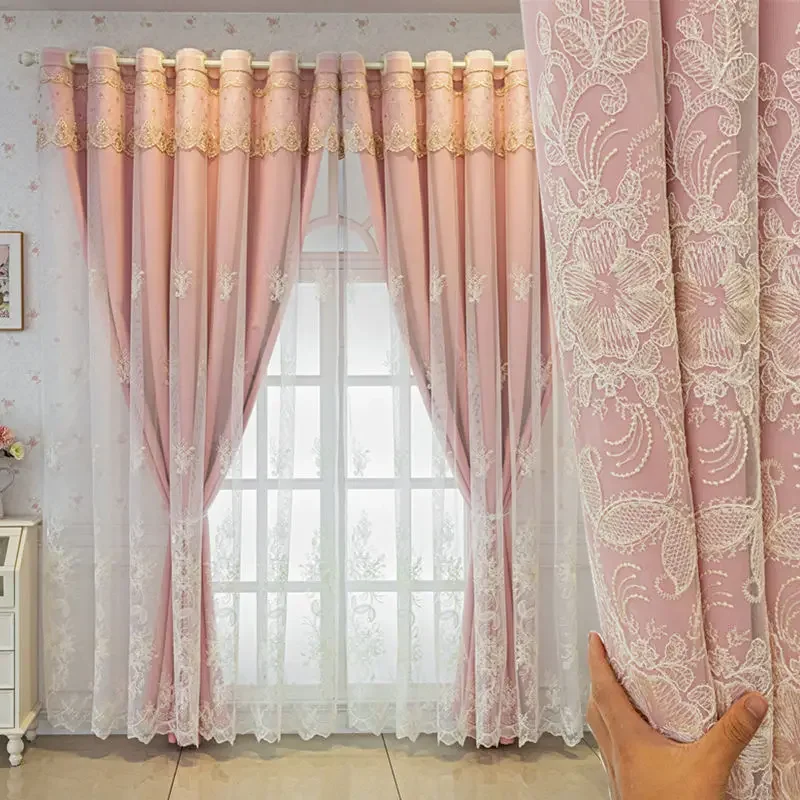 

Розовая двухслойная занавеска с вышивкой, прозрачная занавеска плюс затемняющая тканевая занавеска для спальни, гостиной