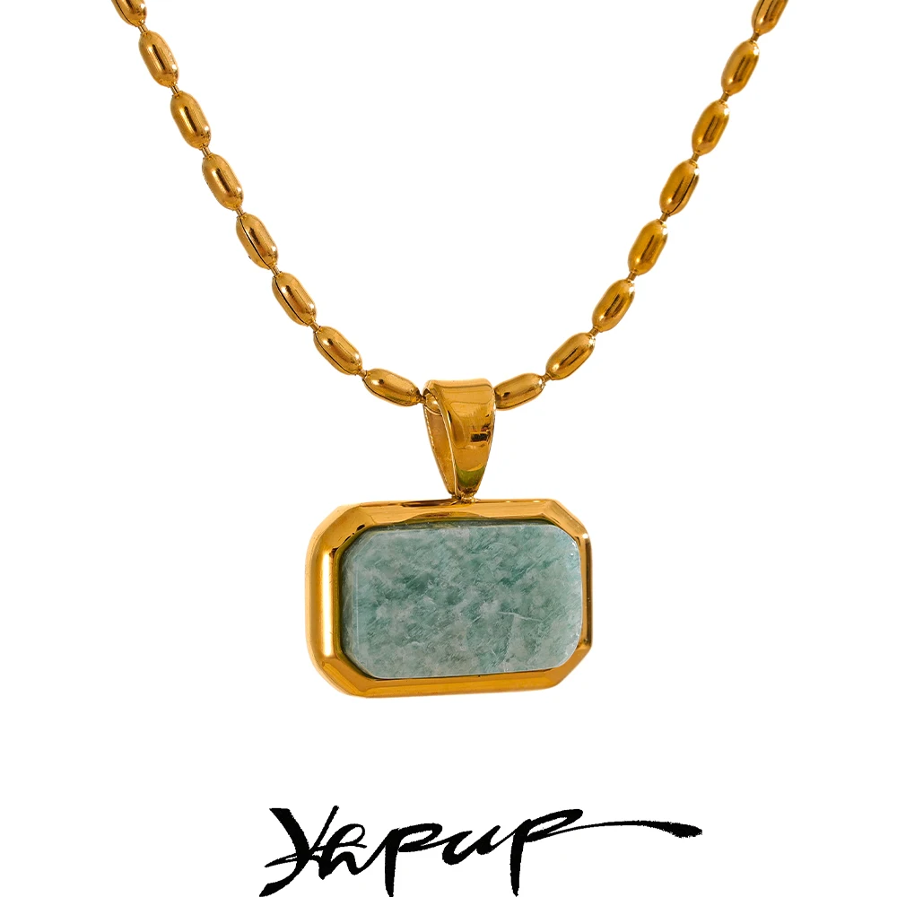 Yhpup Amazonite Square Natural Stone Stylish Pendant Stainless Steel Necklace Chic Exclusive Waterproof High Quality Jewelry