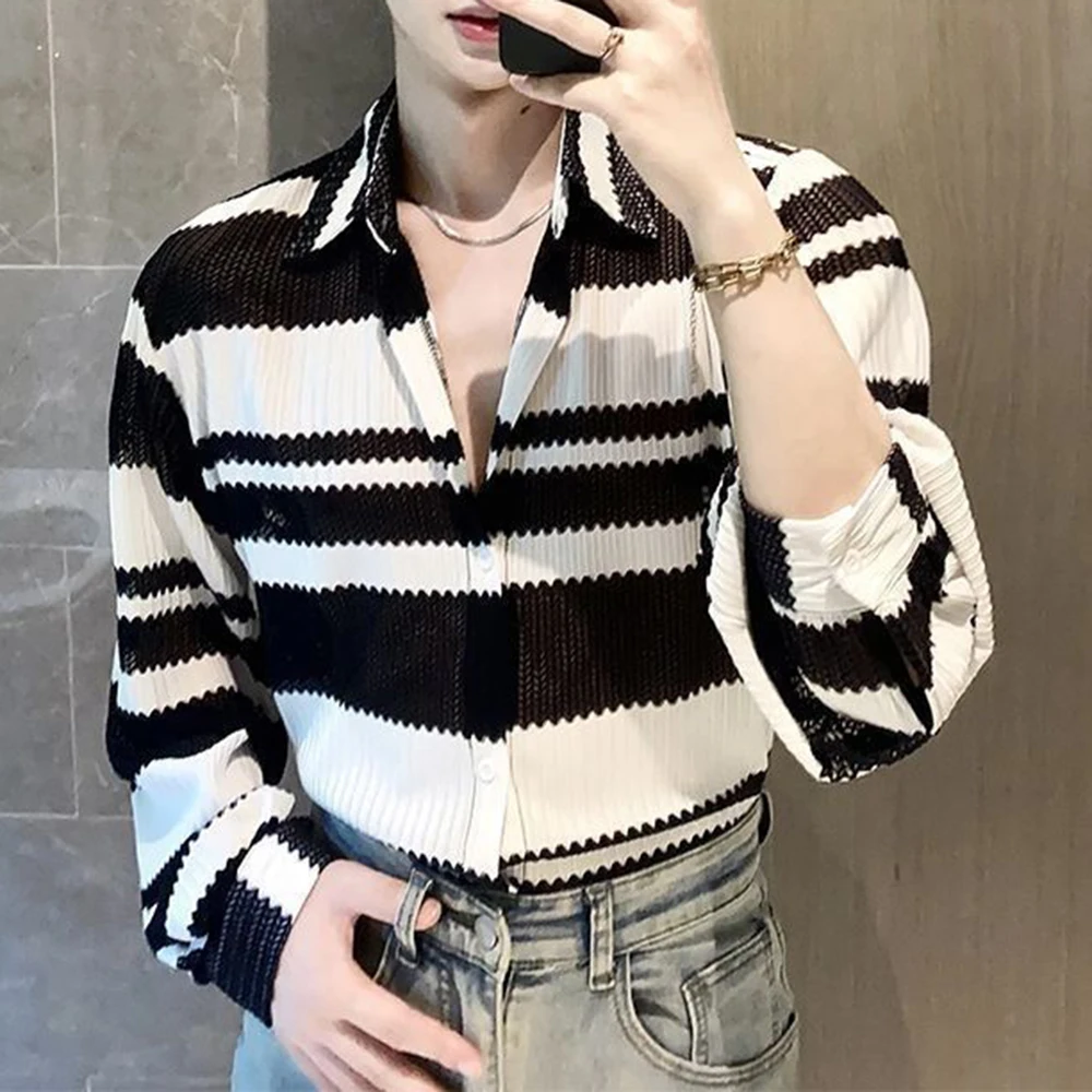 Mens Casual Splicing Striped Long-Sleeved Shirt Genderless 2024 New Fashion Individuality Retro Thin Hollow Loose Top Unisex