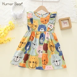Humor Bear Children Clothes Colorful Cat Printing Design Crew Neck Flying Sleeve Lace Princess Dress