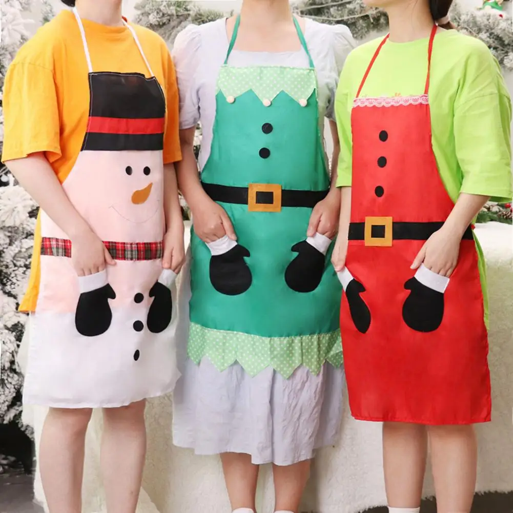 Christmas Apron Funny Santa Claus Snowman Kitchen Cooking Apron Lace Up Glove Pocket Oil-proof Work Kitchen Apron Party Supplies