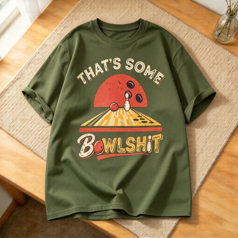 Retro Sunset Bowling T Shirt Men Vintage Distressed Bowling Lane Graphic Tee Casual Short Sleeve Cotton Bowling Player Gift Tops