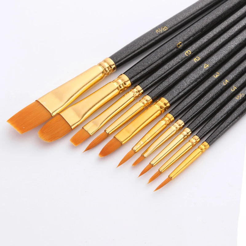 10Pcs/Set Nylon Hair Painting Brush Painting By Numbers Tool Brushes Watercolor Gouache Paint Brushes Different Shape Round Tip