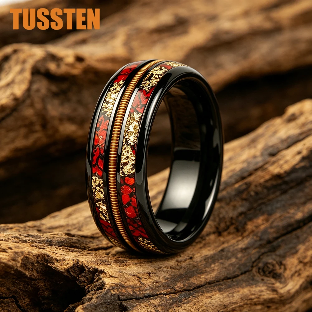 TUSSTEN 8mm Black Ring with Gold Guitar String, Gold Foil & Red Opal Inlay Tungsten Wedding Band