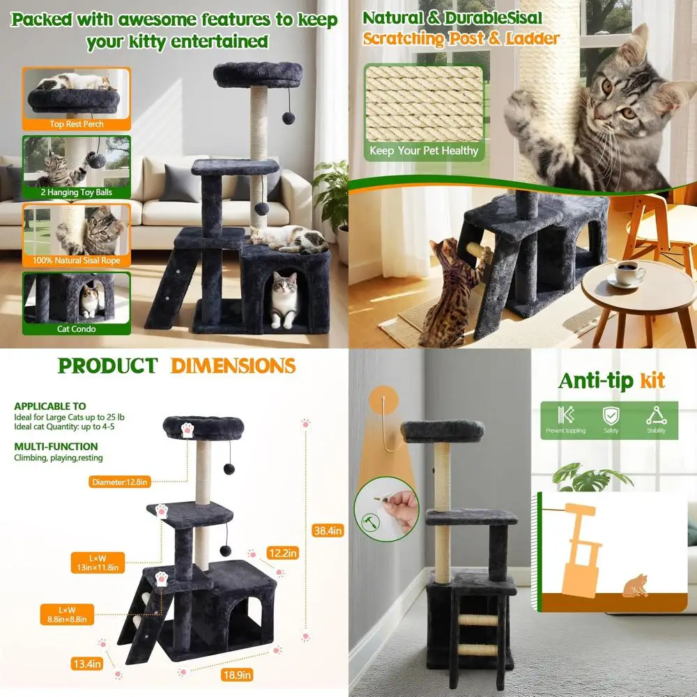 

Многоуровневая когтеточка-башня 38.4 с лестницей, плюшевым домиком и шариком для крупных домашних кошек, серая