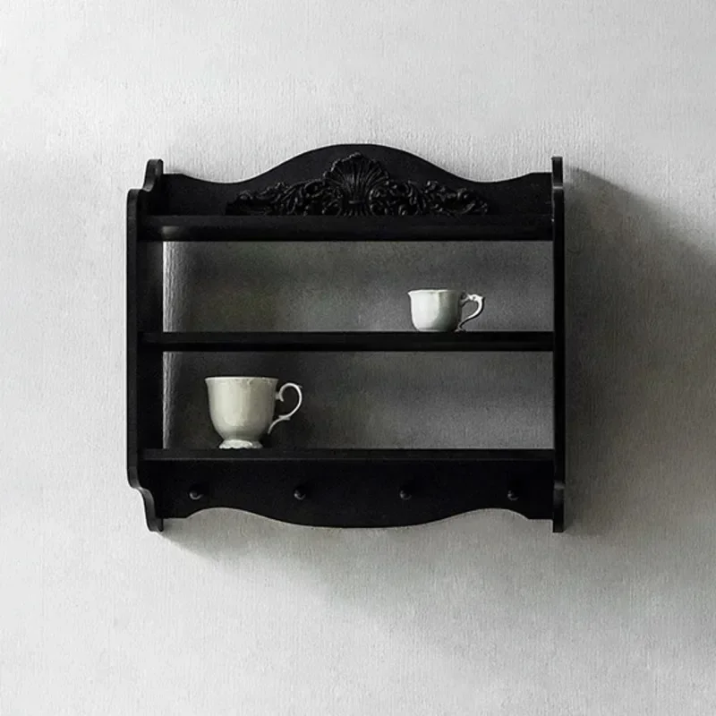 Black Vintage Kitchen Wooden Wall Cabinet French Antique Cup Holder Multi-functional Decorative Storage Rack