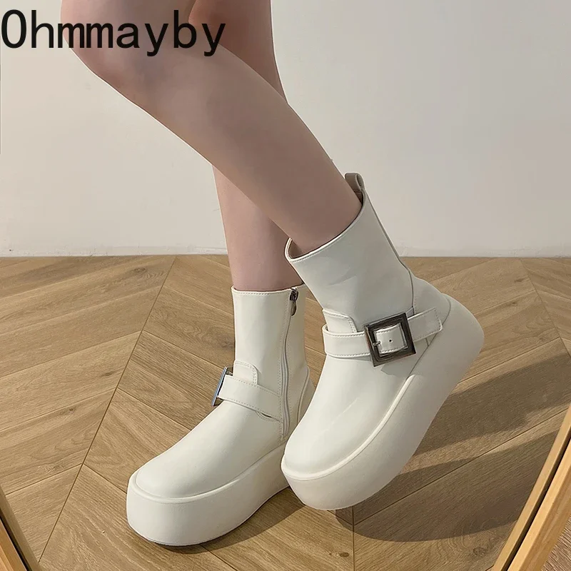 Chunky Women Short Boots Fashion Belt Buckle Waterproof Shoes Autumn Winter Platform Flats Women\'s Ankle Booties