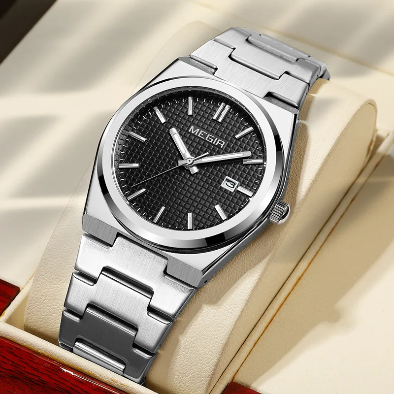 

MEGIR 1086 Men's New Business Waterproof Luminous Quartz Watch Simple Three Pin Calendar Stainless Steel Strap Watches for Man