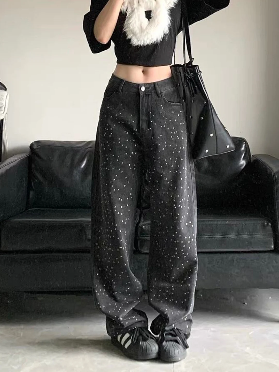 Retro Washed Straight Leg Denim Jeans Women's Heavy Duty Loose Slimming Concealing Floor Length Wide Leg Pants Design Sense R...