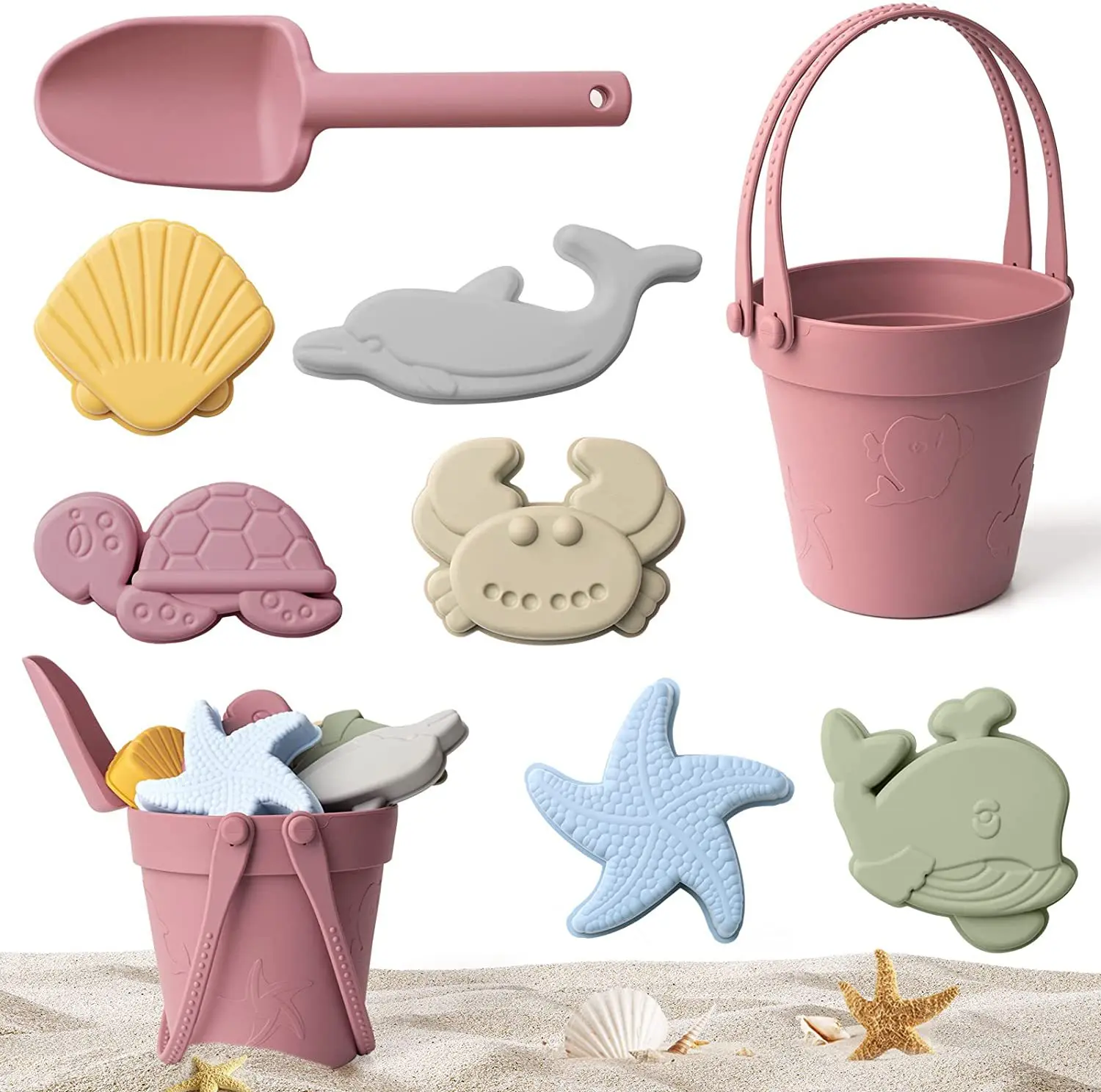 Eco Friendly 6 pcs Seaside Summer Kids Play Baby Silicone Beach Bucket Sand Toys Set