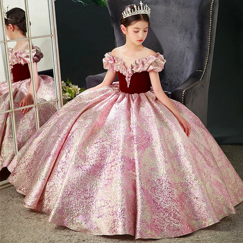 Little Girls Elegant Evening Gown Baby Girls Classic Party Cocktail Pageant Dress Teen Girls Velvet Ruffle Banquet Formal Dress