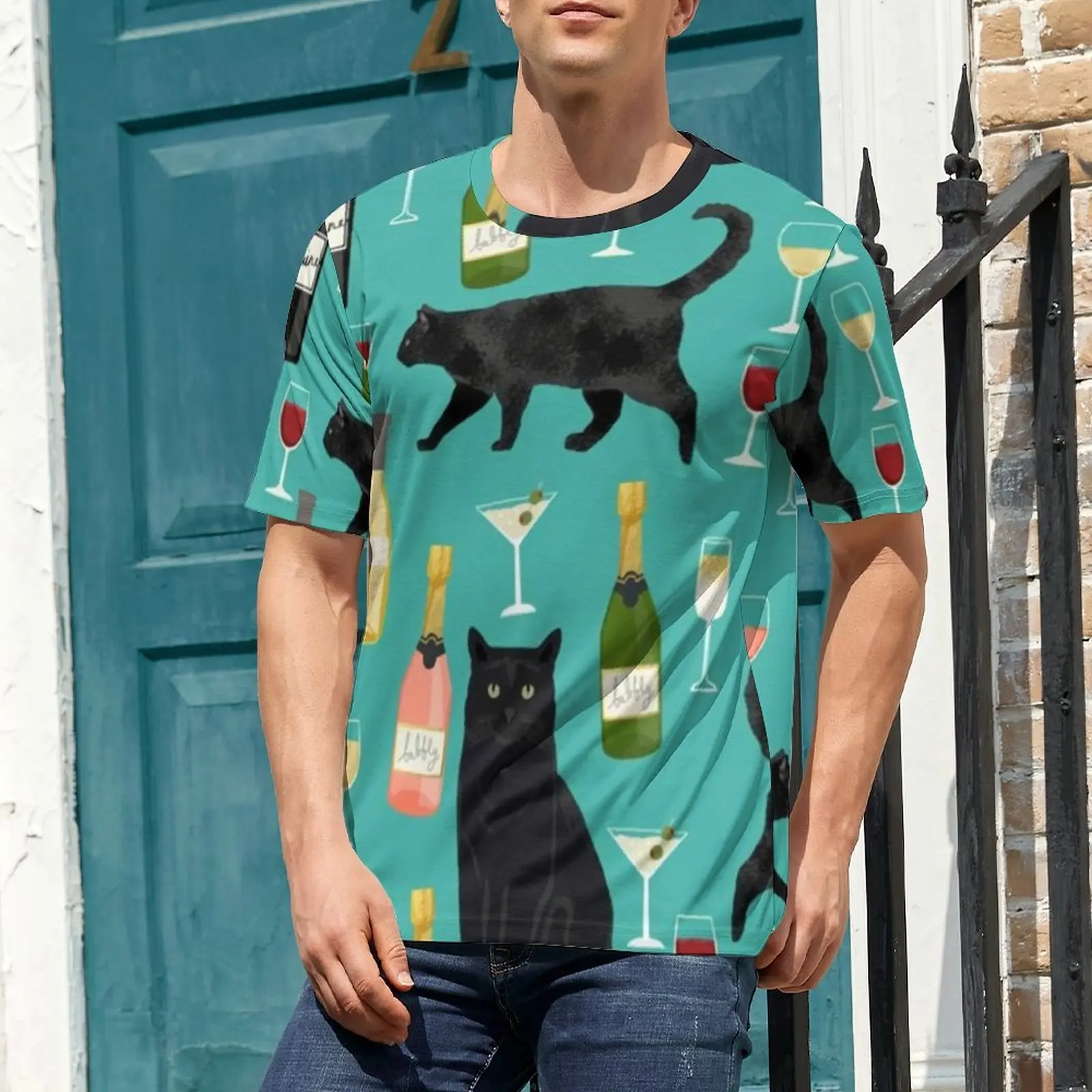 Colorful Wine Print T-Shirt Men Funny Black Cat Graphic O Neck T Shirts Summer Vintage Tops Short Sleeve Casual Oversize Tees